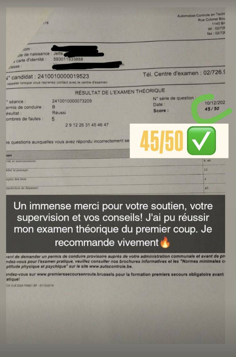 Témoignage client : réussite à l'examen théorique (45/50)