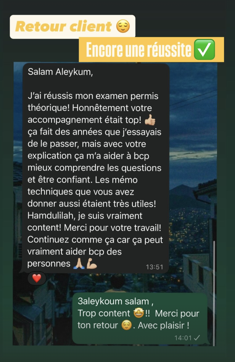 Témoignage client : message WhatsApp de réussite