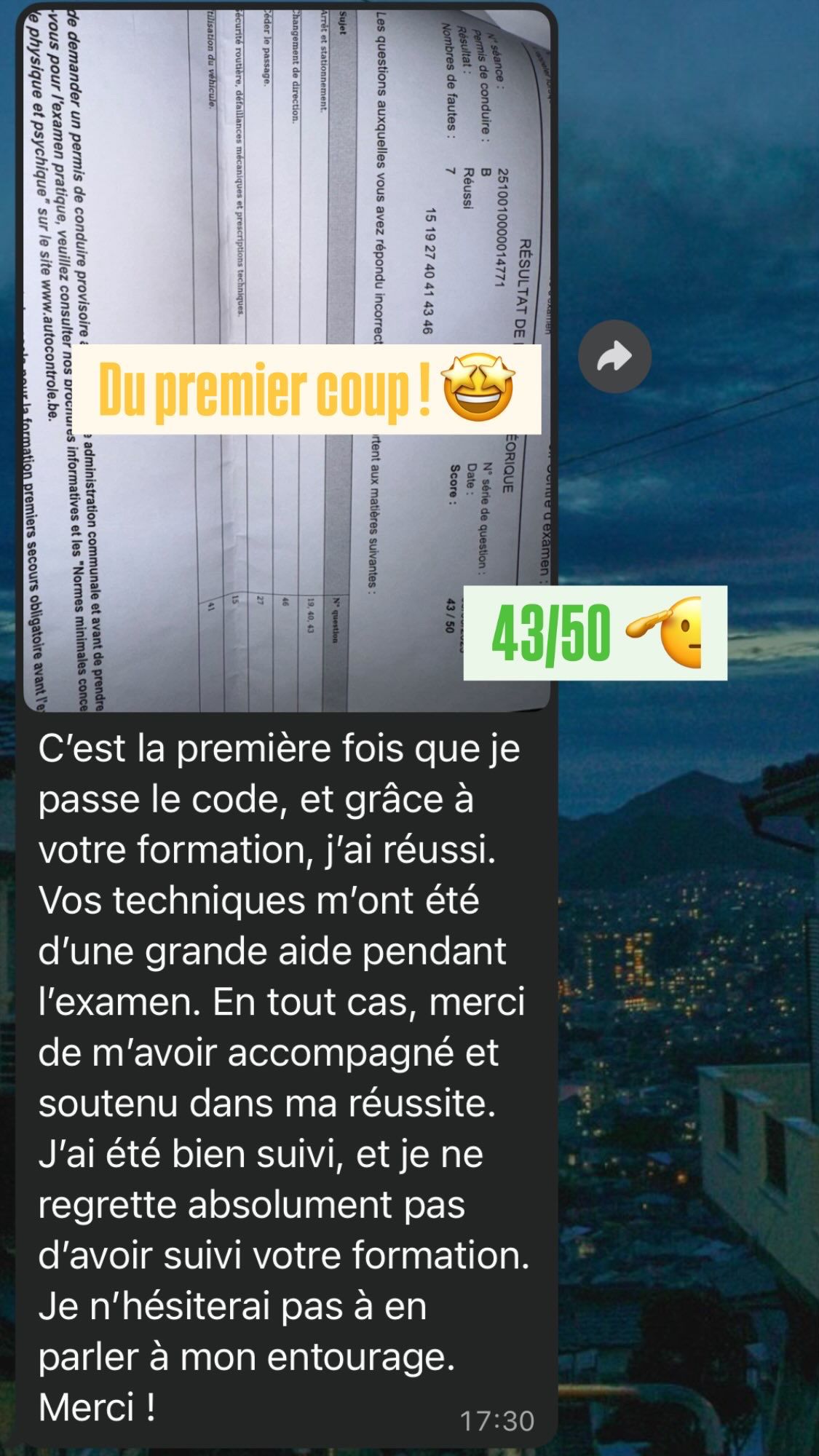 Témoignage client : réussite du premier coup (43/50)