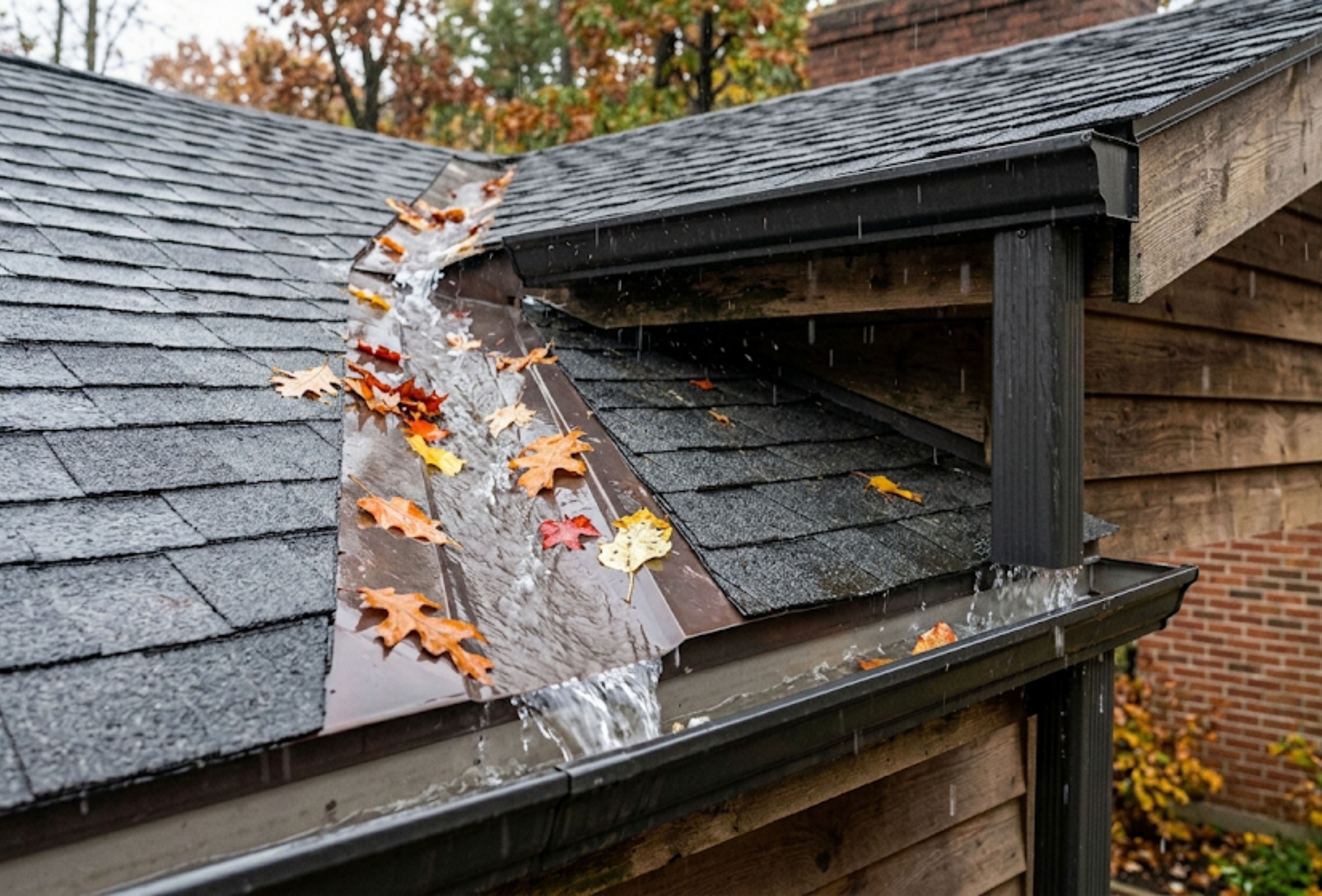 Rainwater flowing into clean gutters during seasonal roof maintenance Wisconsin. Rainwater flowing into clean gutters during seasonal roof maintenance Wisconsin.