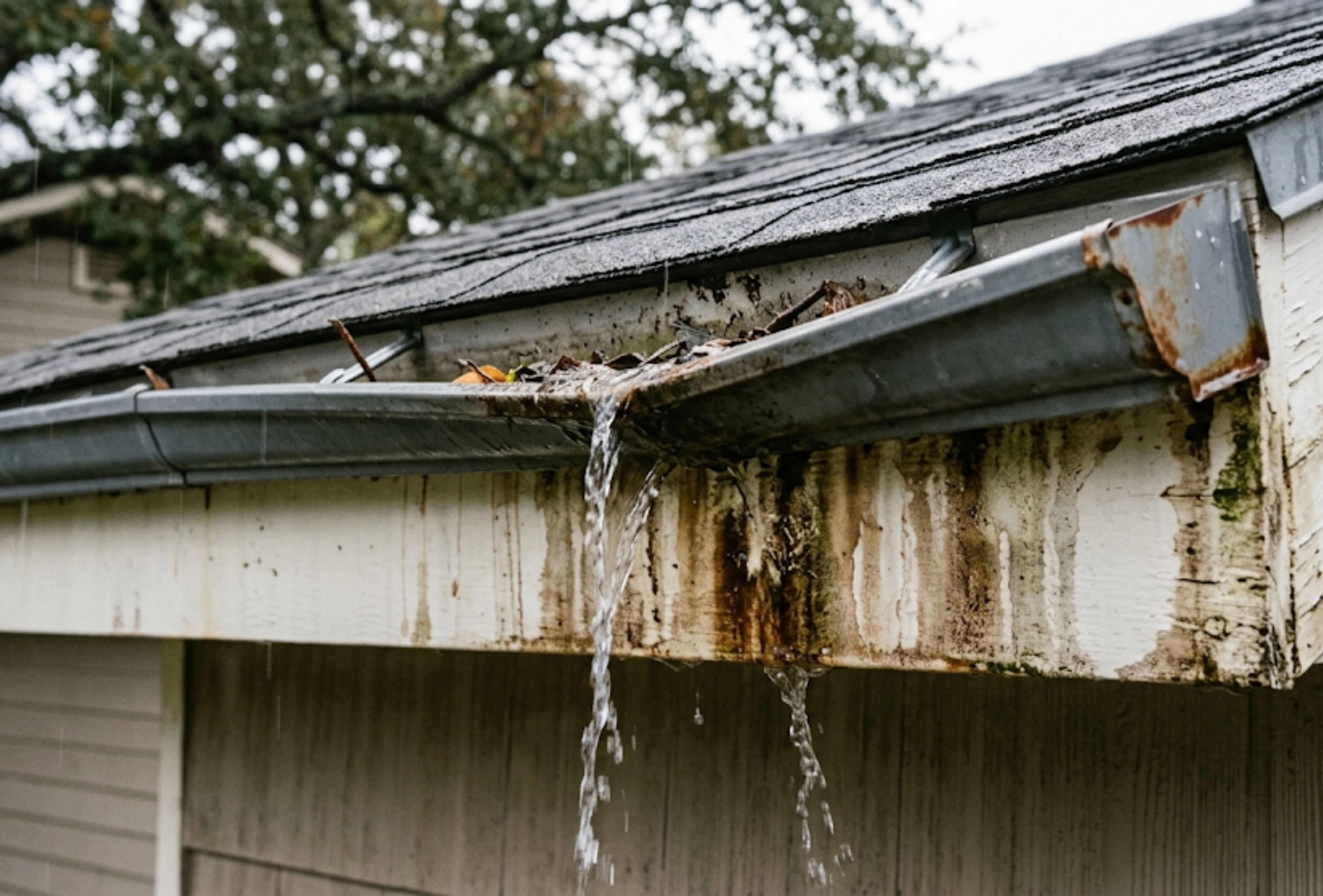 Water overflowing from a sagging gutter during autumn rain emphasizing the importance of gutter cleaning Wisconsin. Water overflowing from a sagging gutter during autumn rain emphasizing the importance of gutter cleaning Wisconsin.