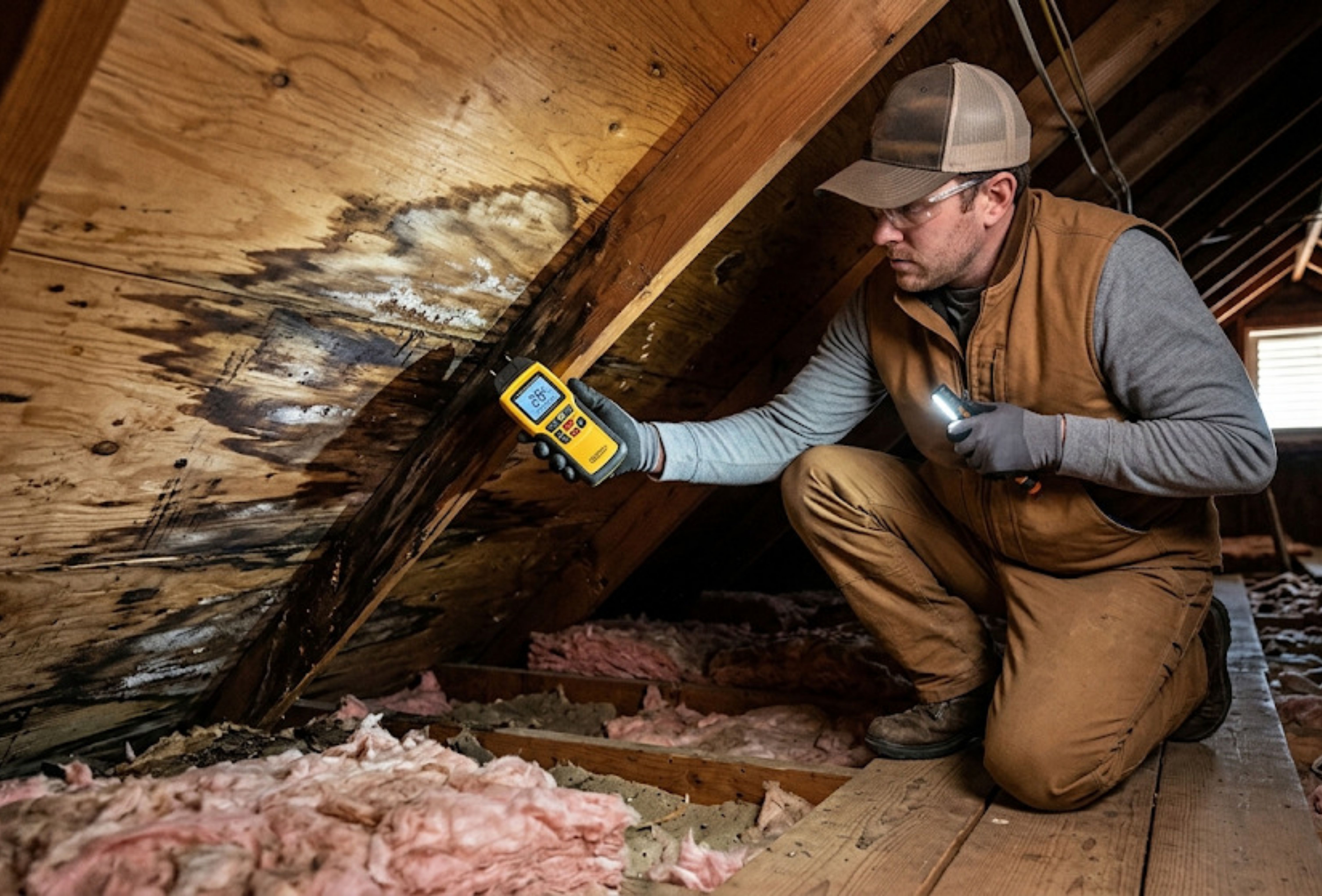 A contractor inspecting moisture-damaged attic sheathing before a roof replacement in Wisconsin. A contractor inspecting moisture-damaged attic sheathing before a roof replacement in Wisconsin.
