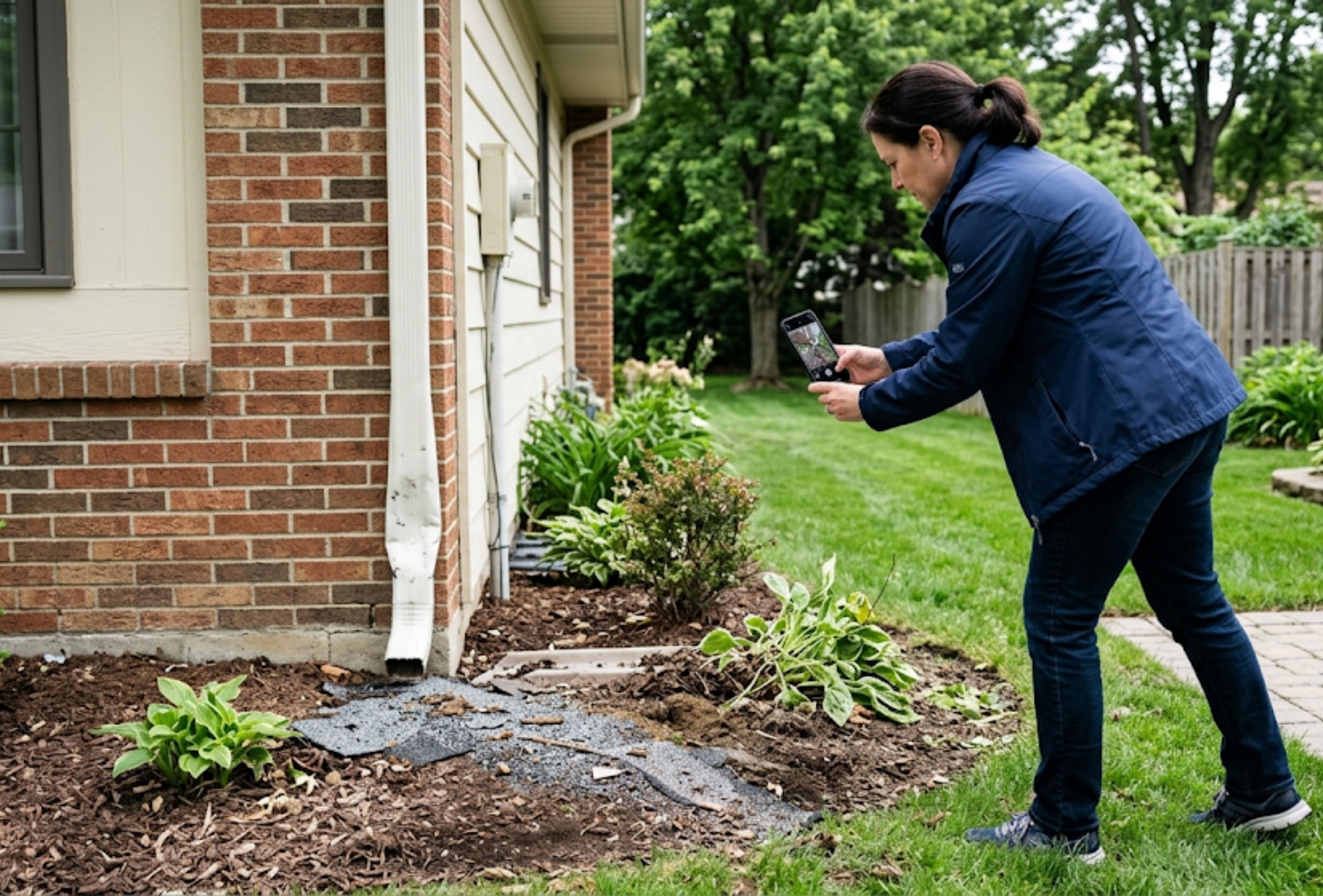 A homeowner photographing exterior house damage after a Wisconsin hailstorm. A homeowner photographing exterior house damage after a Wisconsin hailstorm.