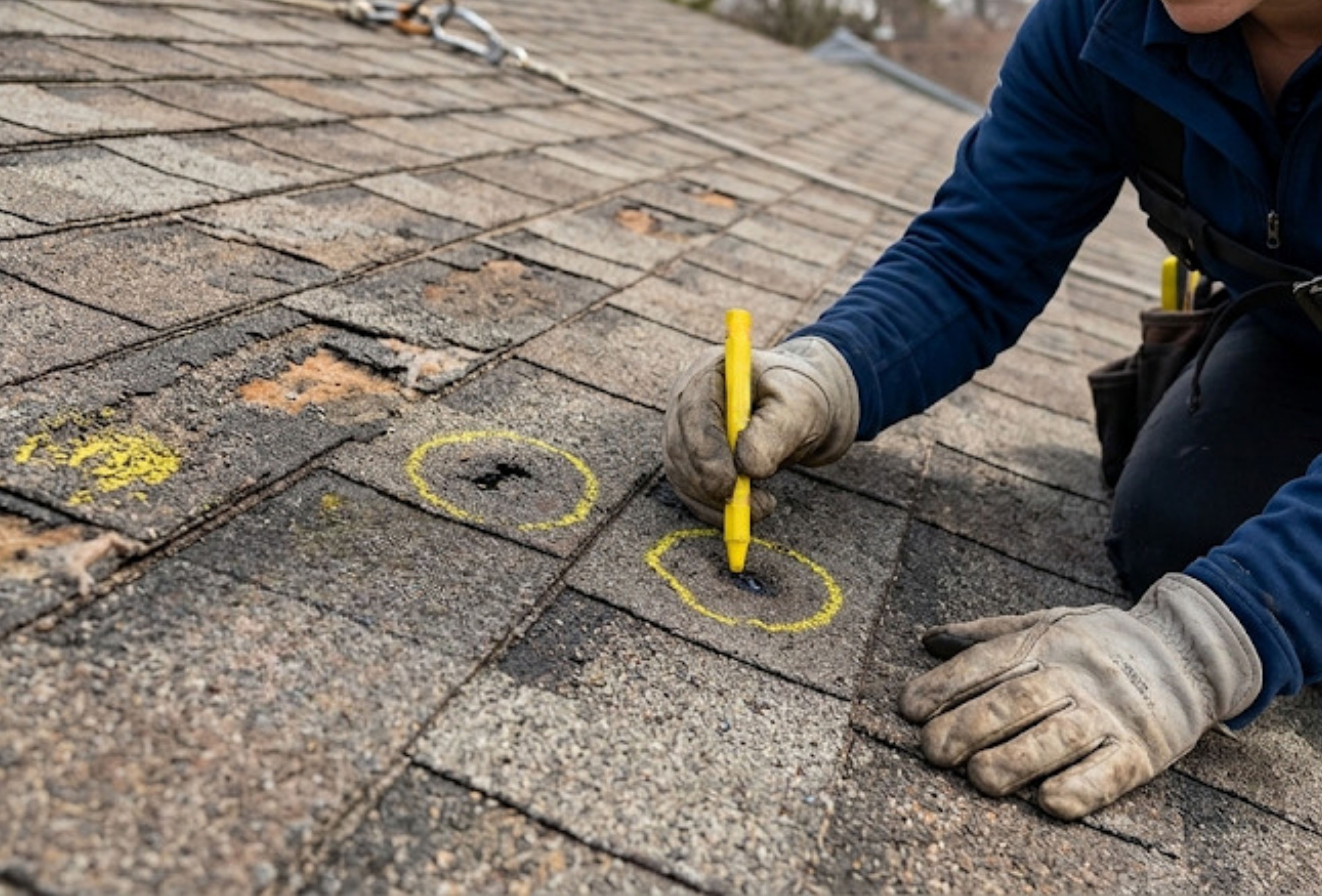 A roofing professional inspecting hail impact marks following a Wisconsin hailstorm. A roofing professional inspecting hail impact marks following a Wisconsin hailstorm.
