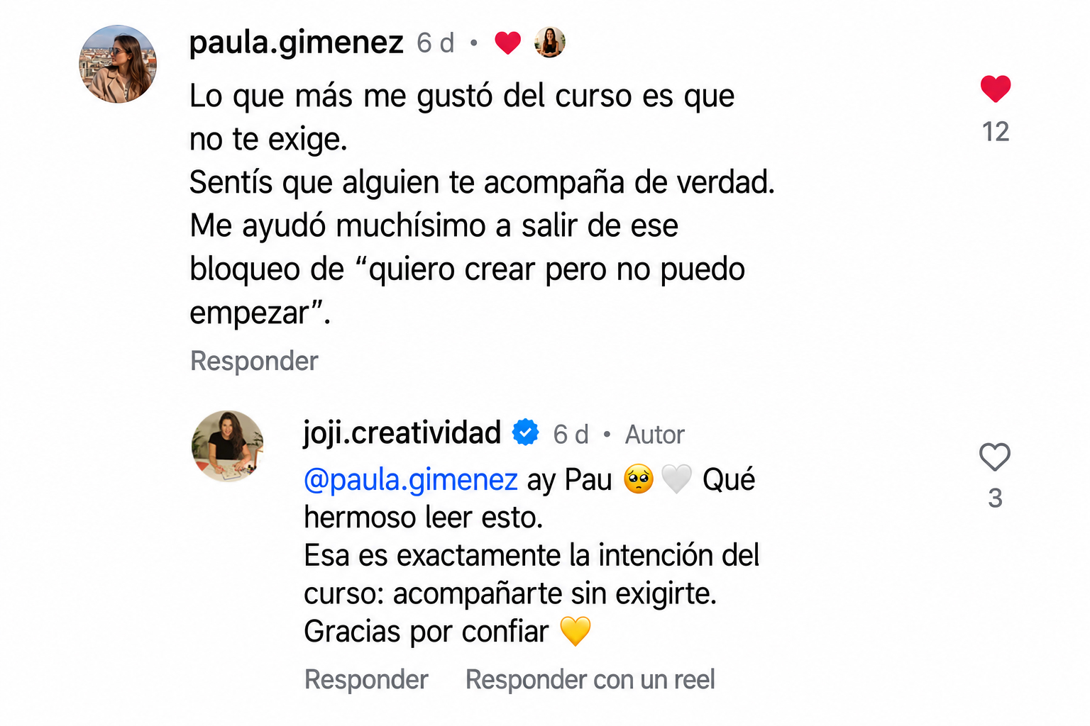 Comentario real de Instagram