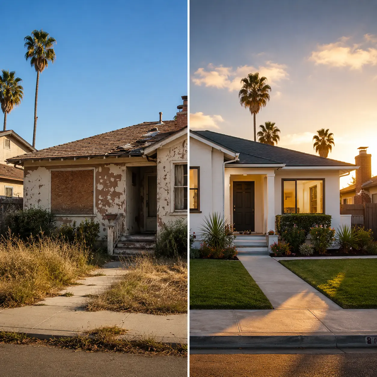 Side-by-side of a distressed San Diego house before purchase and the same style of home fully restored after Astra Home Buyer's renovation