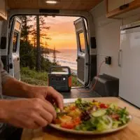 Close-up of a digital nomad preparing a healthy meal inside a camper van, powered by a reliable Jackery portable solar generator and portable fridge.