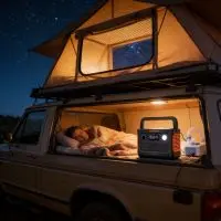 Peaceful night scene in a rooftop tent slung on an overland vehicle, showing a person sleeping with CPAP machine support powered silently by a large Jackery battery.