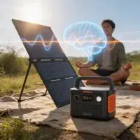 Meditating person on scenic natural overlook with a quiet Jackery portable power station and solar panels in the foreground, demonstrating mindful off-grid wellness.