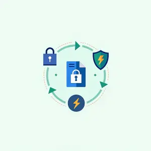 Abstract illustration combining icons for privacy, speed, and simplicity around an image file symbol.