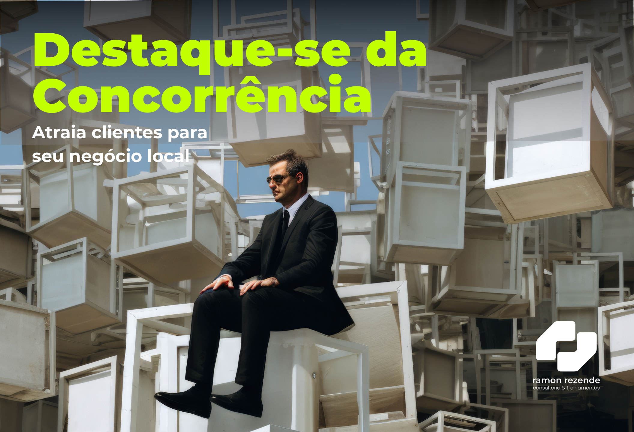 homem sentado numa caixa flutuando