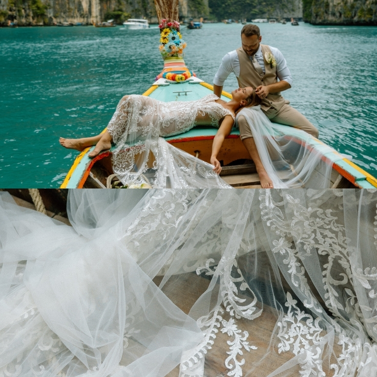 newly married couple on a longtail boat in phi phi islands thailand