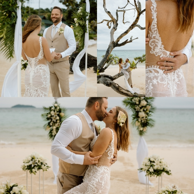 couple during beachfront vow exchange during island hopping elopement