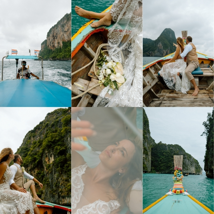 newly married couple on a longtail boat in phi phi islands thailand