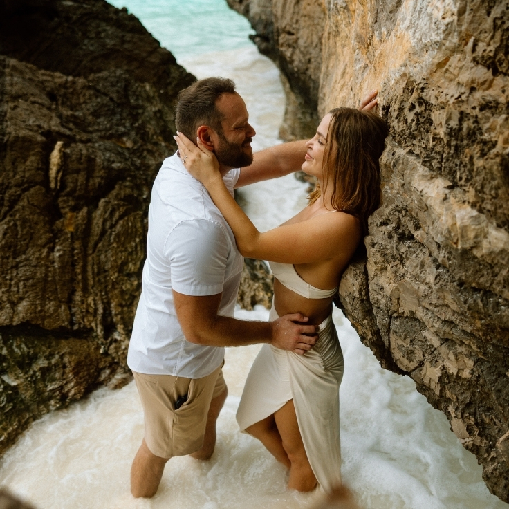 newlywed elopement couple on beach in maya bay phi phi islands thailand