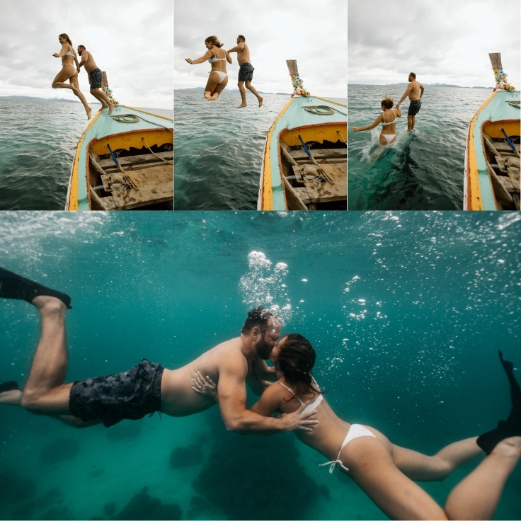 newlywed elopement couple jumping in the ocean