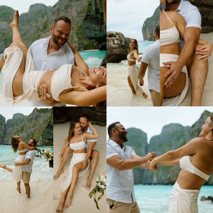 newlywed elopement couple on beach in maya bay phi phi islands thailand