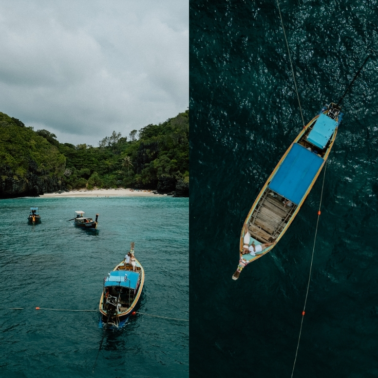 newlywed elopement couple on long tail boat in pi ley bay thailand