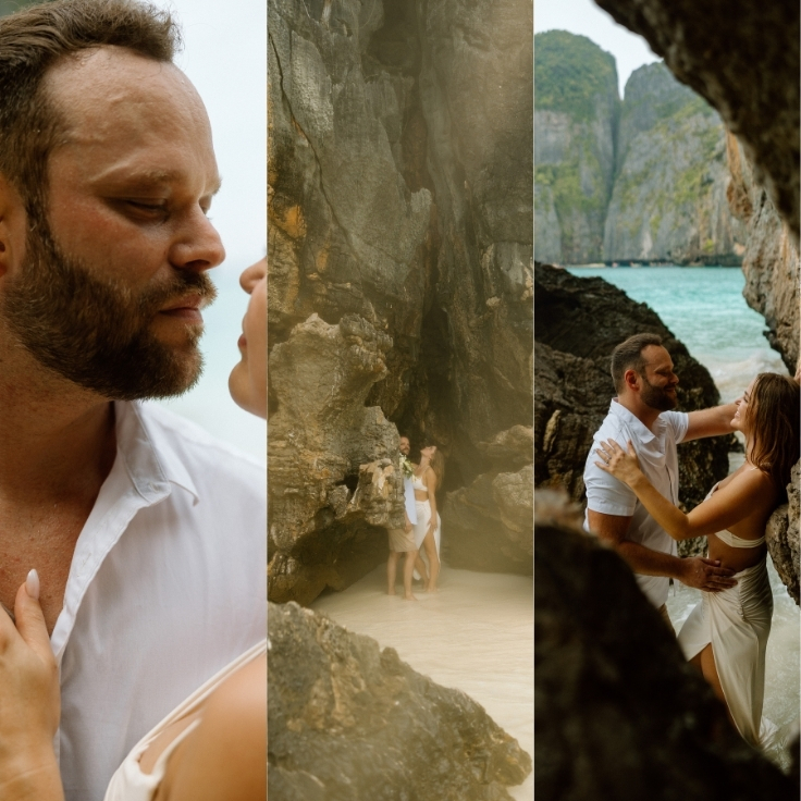 newlywed elopement couple on beach in maya bay phi phi islands thailand