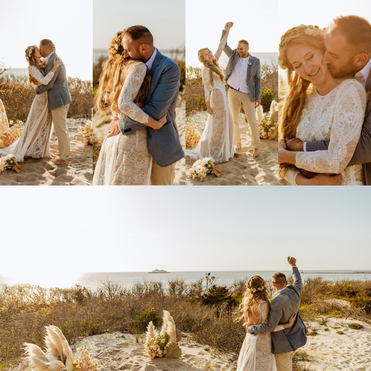 couple celebrating after sand dune ceremony overlooking the ocean in Cape May couple celebrating after sand dune ceremony overlooking the ocean in Cape May
