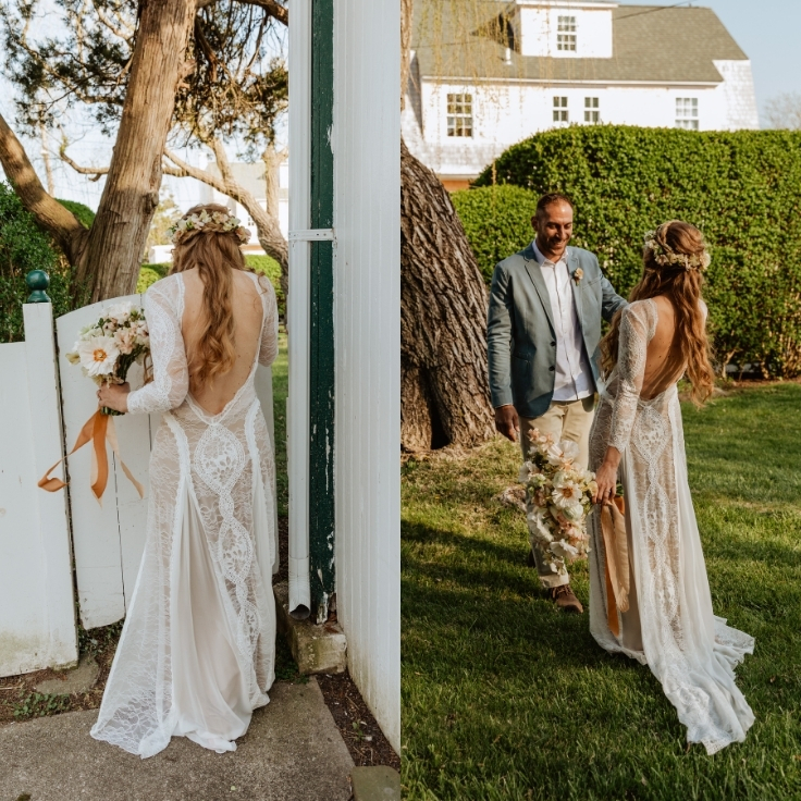 bride and groom first look at Cape May rustic coastal cottage elopement with vintage lace dress and natural light bride and groom first look at Cape May rustic coastal cottage elopement with vintage lace dress and natural light
