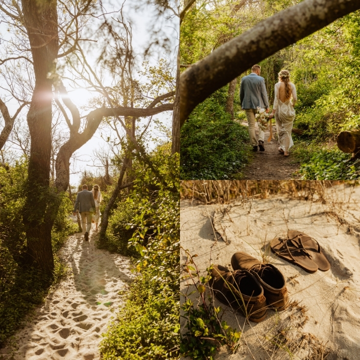 couple walking through sandy forest to sand dune ceremony during Cape May elopement couple walking through sandy forest to sand dune ceremony during Cape May elopement