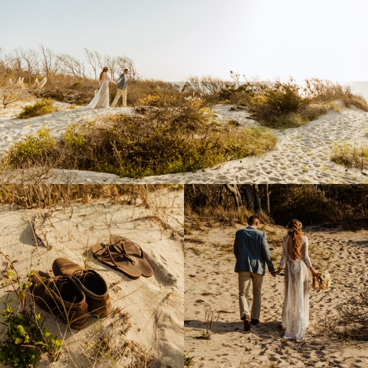 couple walking through sandy forest to sand dune ceremony during Cape May elopement couple walking through sandy forest to sand dune ceremony during Cape May elopement