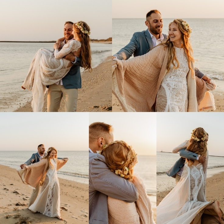 mermaid bride laughing and playing on beach with groom at sunset during Cape May elopement mermaid bride laughing and playing on beach with groom at sunset during Cape May elopement