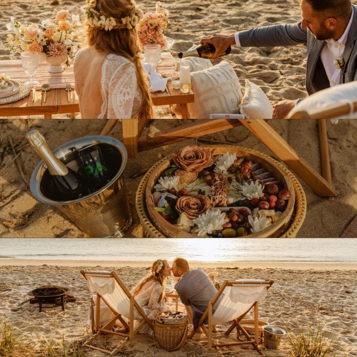 couple enjoying beach picnic with champagne and charcuterie at sunset during Cape May elopement couple enjoying beach picnic with champagne and charcuterie at sunset during Cape May elopement