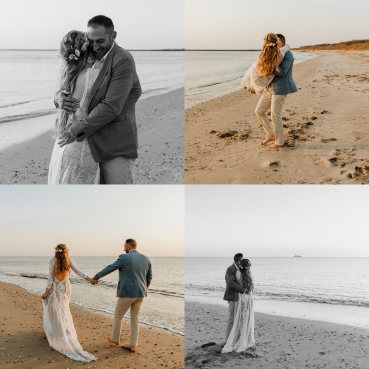 mermaid bride laughing and playing on beach with groom at sunset during Cape May elopement mermaid bride laughing and playing on beach with groom at sunset during Cape May elopement