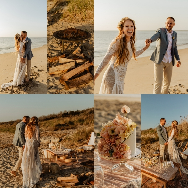 couple walking to beach picnic setup with cake, florals, and fire pit during Cape May sunset elopement couple walking to beach picnic setup with cake, florals, and fire pit during Cape May sunset elopement