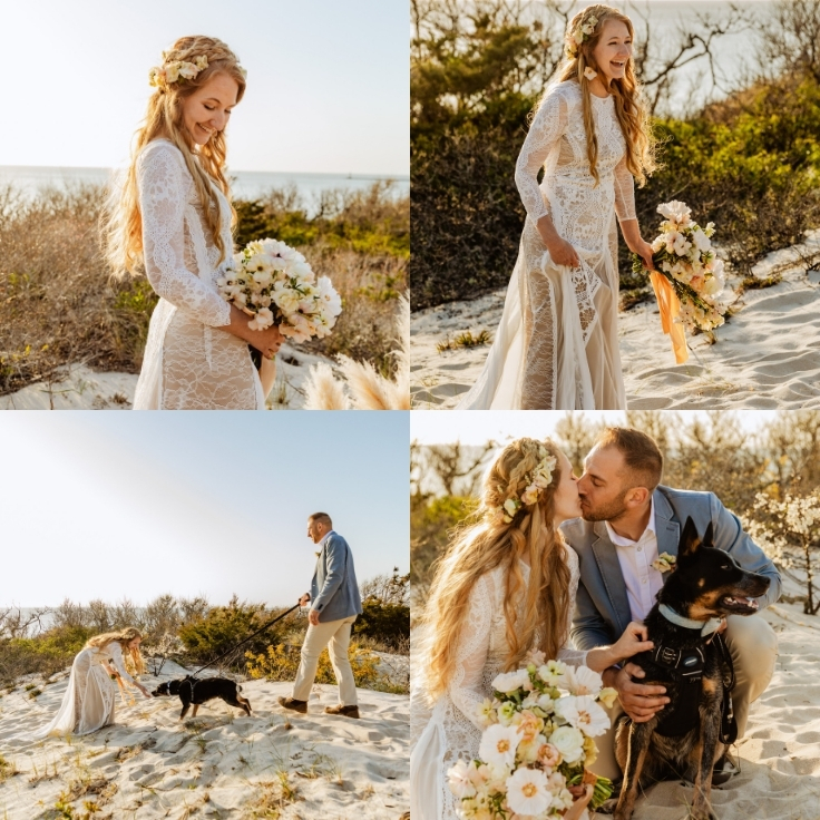 bride surprised by their dog after oceanfront sand dune ceremony during Cape May elopement bride surprised by their dog after oceanfront sand dune ceremony during Cape May elopement