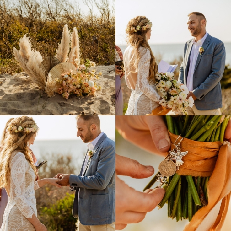 couple exchanging vows at sand dune ceremony overlooking the ocean in Cape May couple exchanging vows at sand dune ceremony overlooking the ocean in Cape May