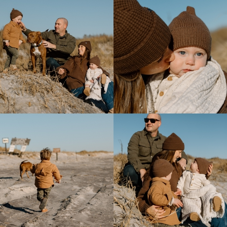 Candid family moments during a winter beach session, including parents, children, and their dog playing together along sandy dunes and shoreline.