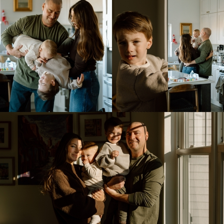 Candid indoor family moments including playful interaction, a child portrait, and soft window-lit connection during a lifestyle session at home.