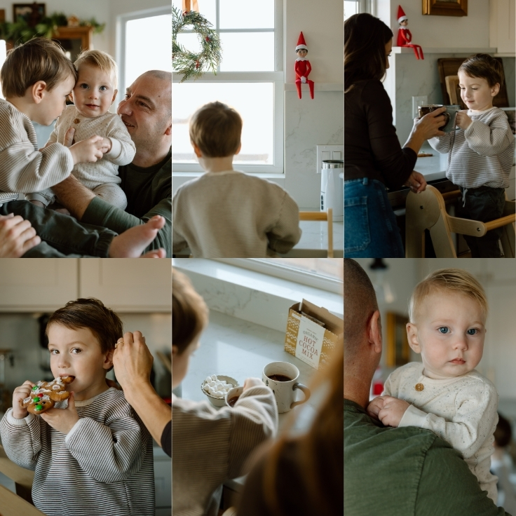 Everyday family moments at home, including siblings interacting, warm drinks, gingerbread man cookie, and a baby being held during a lifestyle family session.