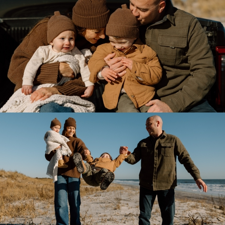Intimate winter beach family moment with parents and their two young children cuddled together on a truck tailgate, wrapped in warm layers by the ocean.