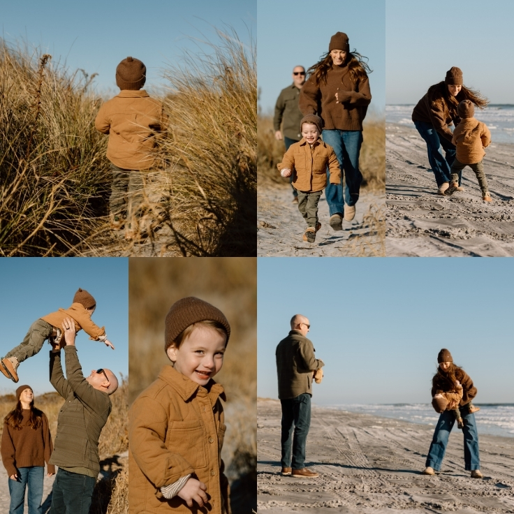 Wide coastal views from a winter beach family session, with the family walking along the shoreline and exploring sandy dune paths together.
