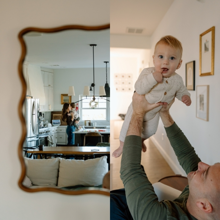 Father lifting his baby into the air during an in-home family session, with warm natural light and everyday moments reflected in the space.