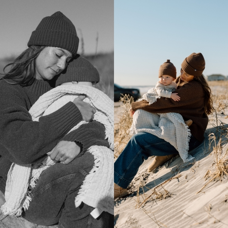 Tender mother and baby moments from a winter beach family session, captured in both black and white and soft natural tones.