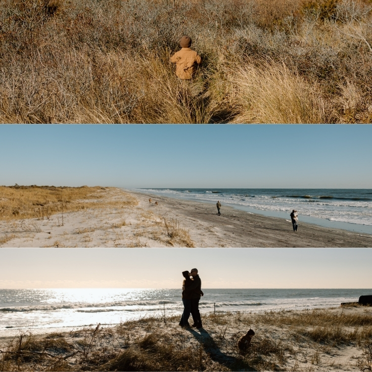 Parents embracing along the shoreline at sunset during a winter beach family session, with soft light reflecting off the ocean.