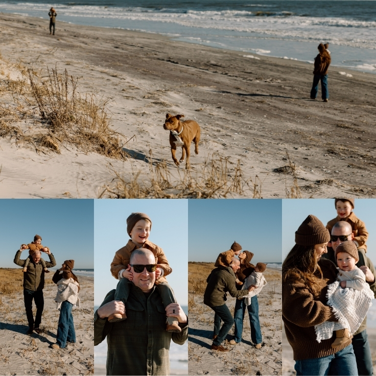 Playful moments from a winter beach family session, including a father carrying his child on his shoulders and a mother holding her baby along sandy dunes.