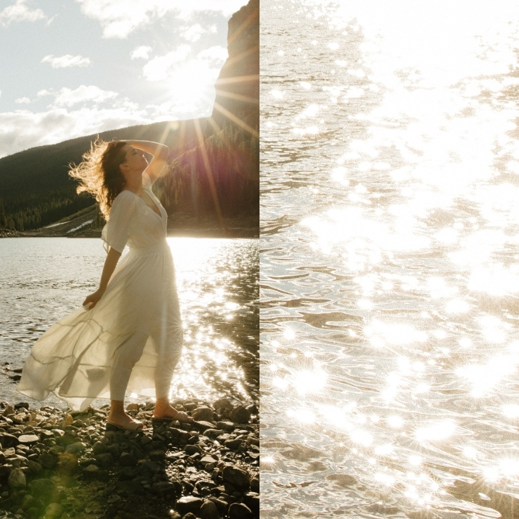 Embodied bride-to-be standing barefoot beside Moraine Lake during golden hour with flowing white dress, glowing sun flares, and shimmering alpine water in Banff National Park.
