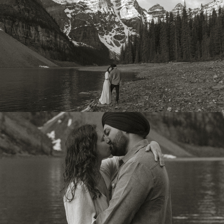 Black and white engagement photos of a couple embracing and kissing beside Moraine Lake with dramatic mountain scenery in Banff National Park.