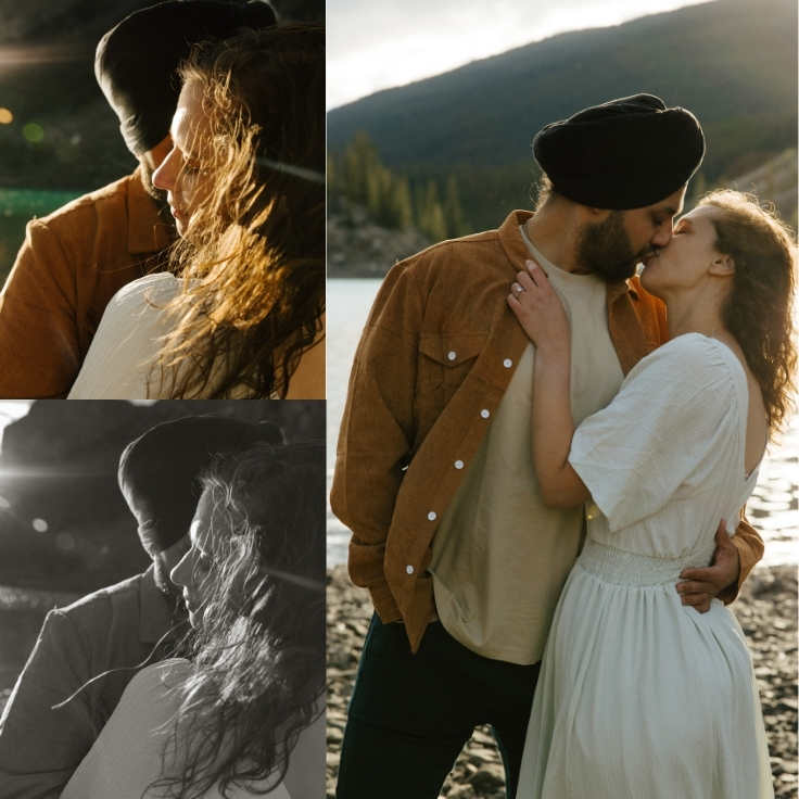 Romantic golden hour engagement photos of a couple embracing and kissing beside Moraine Lake with warm sunlight, lens flares, and mountain scenery in Banff National Park.
