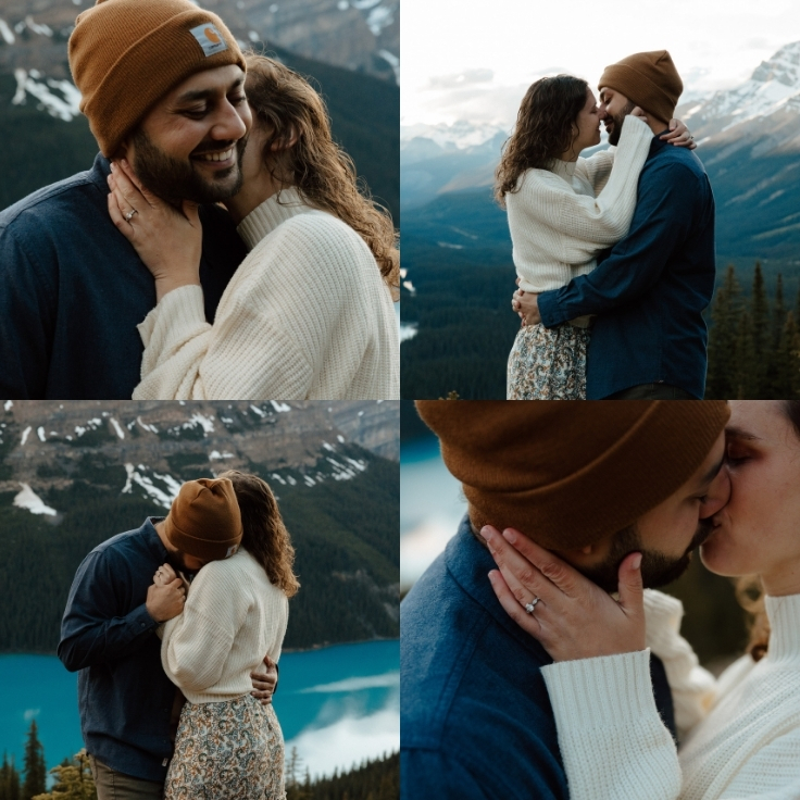 Intimate engagement photos of a couple kissing and embracing above Peyto Lake with turquoise water and dramatic mountain scenery in Banff National Park.