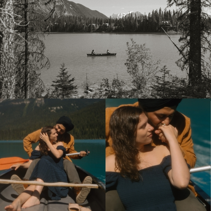 Romantic canoe engagement photos of a couple embracing on Emerald Lake with cinematic mountain scenery and documentary-style moments in Yoho National Park.