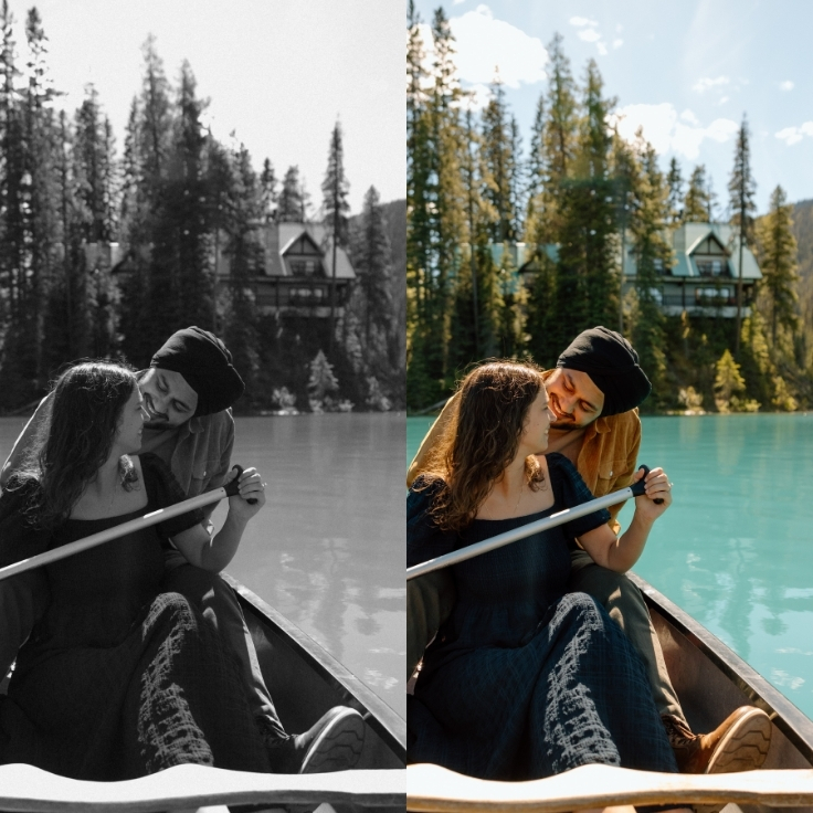 Black and white versus color versions of canoe engagement portraits of a couple floating across Emerald Lake with turquoise water, evergreen forest, and mountain views in Yoho National Park.