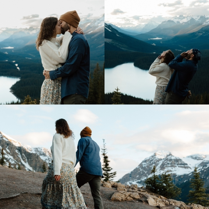 Playful and intimate engagement photos of a couple kissing, laughing, howling, and exploring a mountain overlook above Peyto Lake in the Canadian Rockies.