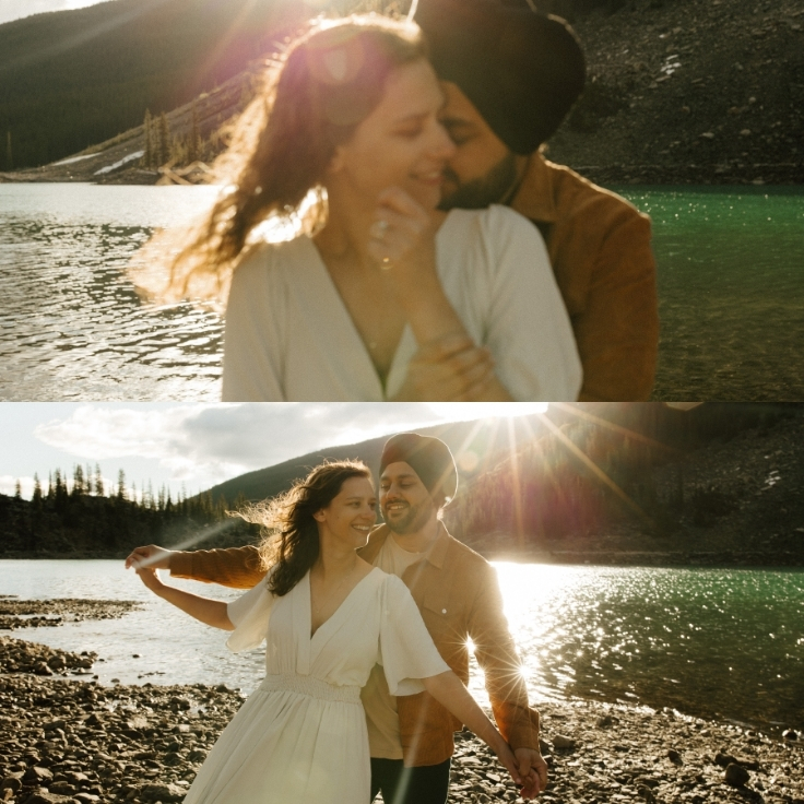 Playful and intimate engagement photos of a couple laughing and holding hands along the shoreline of Moraine Lake during golden hour in the Canadian Rockies.